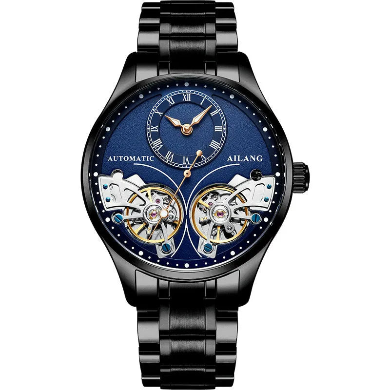 Men's automatic watch with tourbillon, moon phase, black steel case, and transparent back showing Seiko movement.