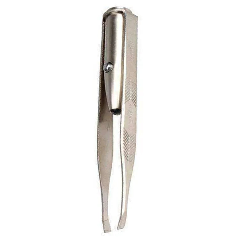 Stainless steel LED beauty tweezers with on/off button, shown with built-in light on.
