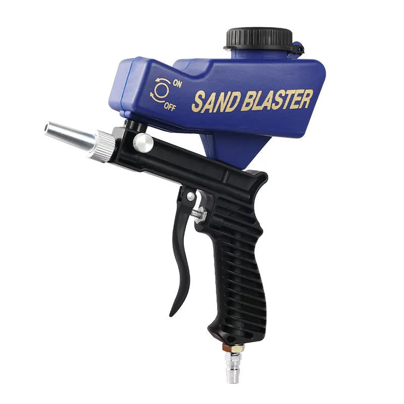 Portable black pneumatic sandblasting gun with gravity feed pot and 6.5mm nozzle.