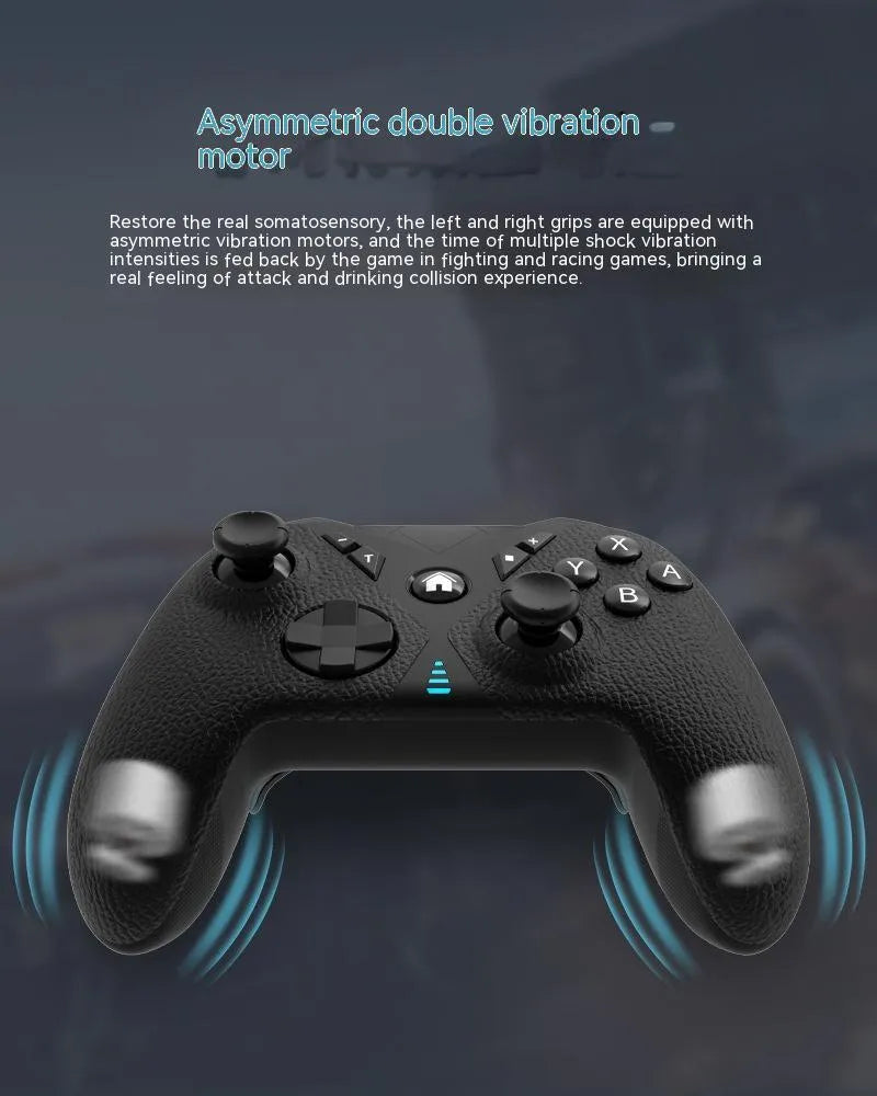 Black wireless game controller with leather-pattern texture on grips, showing analogue sticks and buttons.