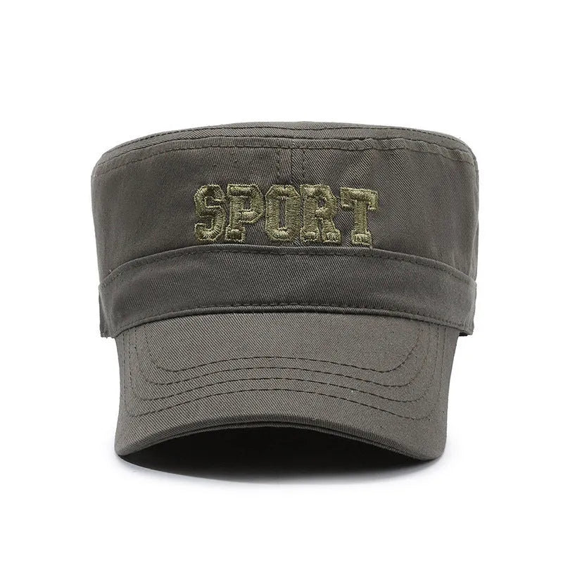 Men's flat-top peaked cap in cotton on adjustable strap, shown in army green colour.
