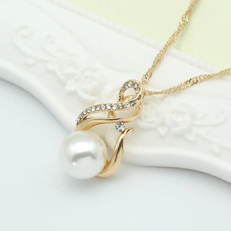 Pearl necklace and earring set on display, alloy with plastic beads, 45cm length, for evening or bridal use