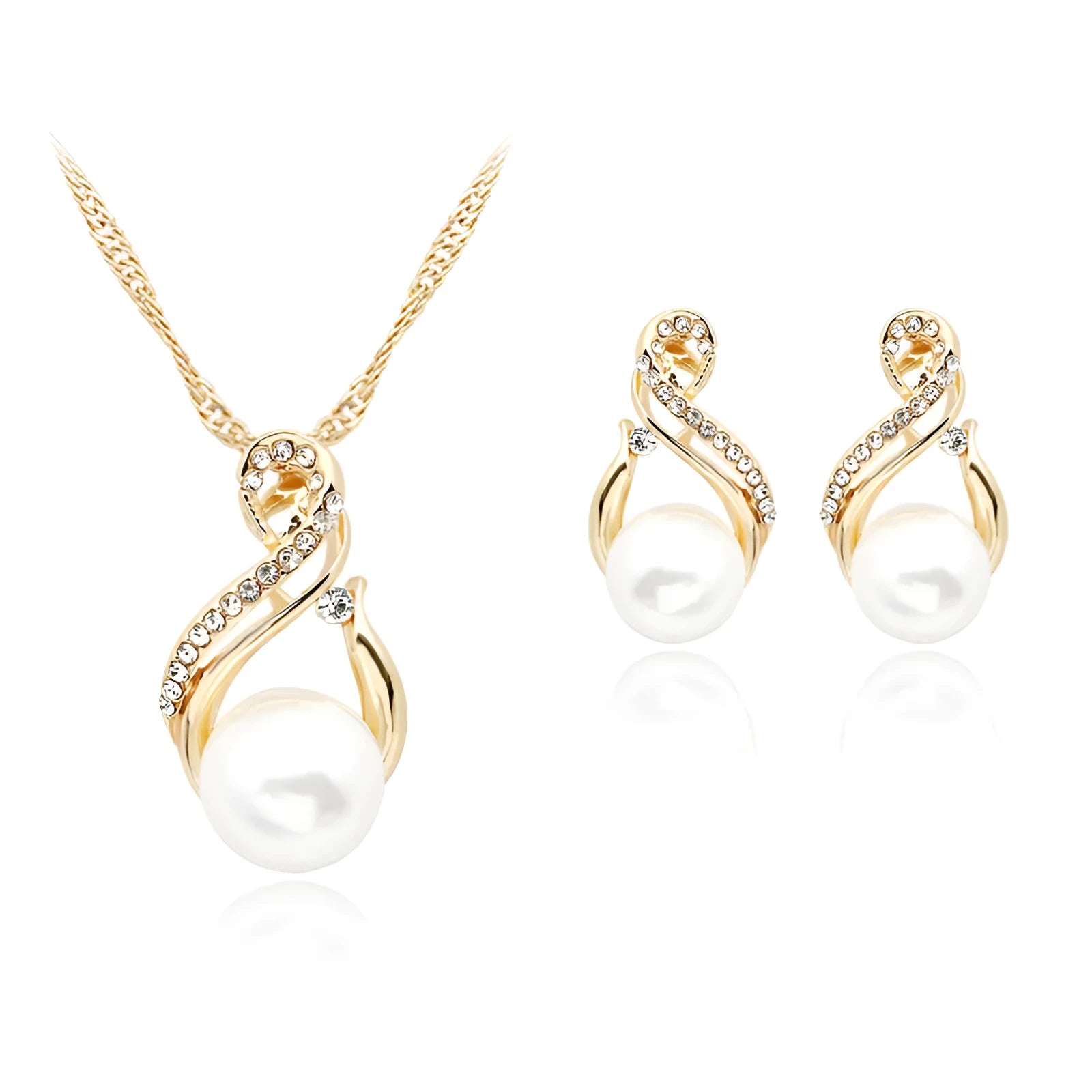 Pearl necklace and earring set on display, alloy with plastic beads, 45cm length, for evening or bridal use