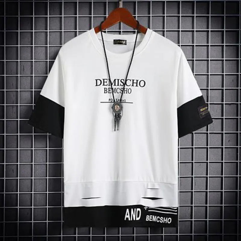 Men's loose fit hip hop polyester printed short sleeve t-shirt with graffiti design in black and white