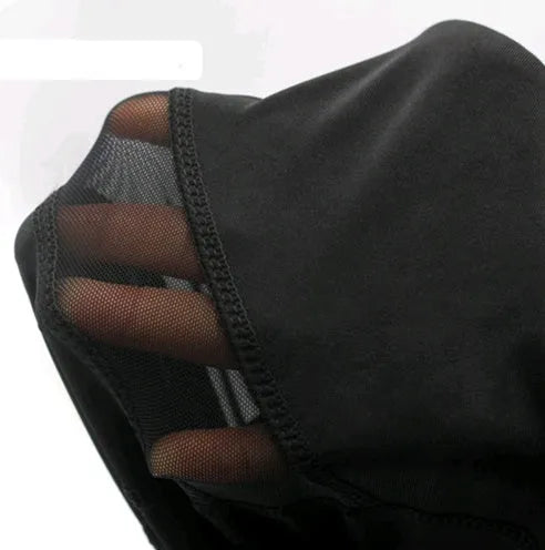 Women's yoga pants with butterfly mesh gauze panels in black, dry fit nylon spandex fabric