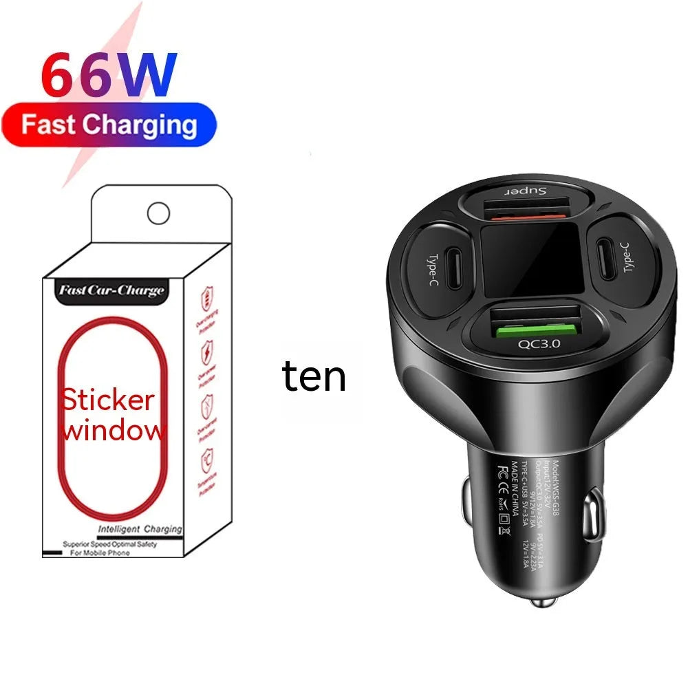 66W dual USB and dual Type-C car charger with digital display showing voltage reading