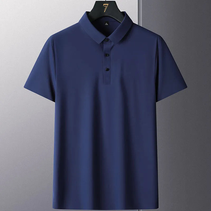 Non-ironing solid colour men's short sleeve business casual shirt on a hanger.
