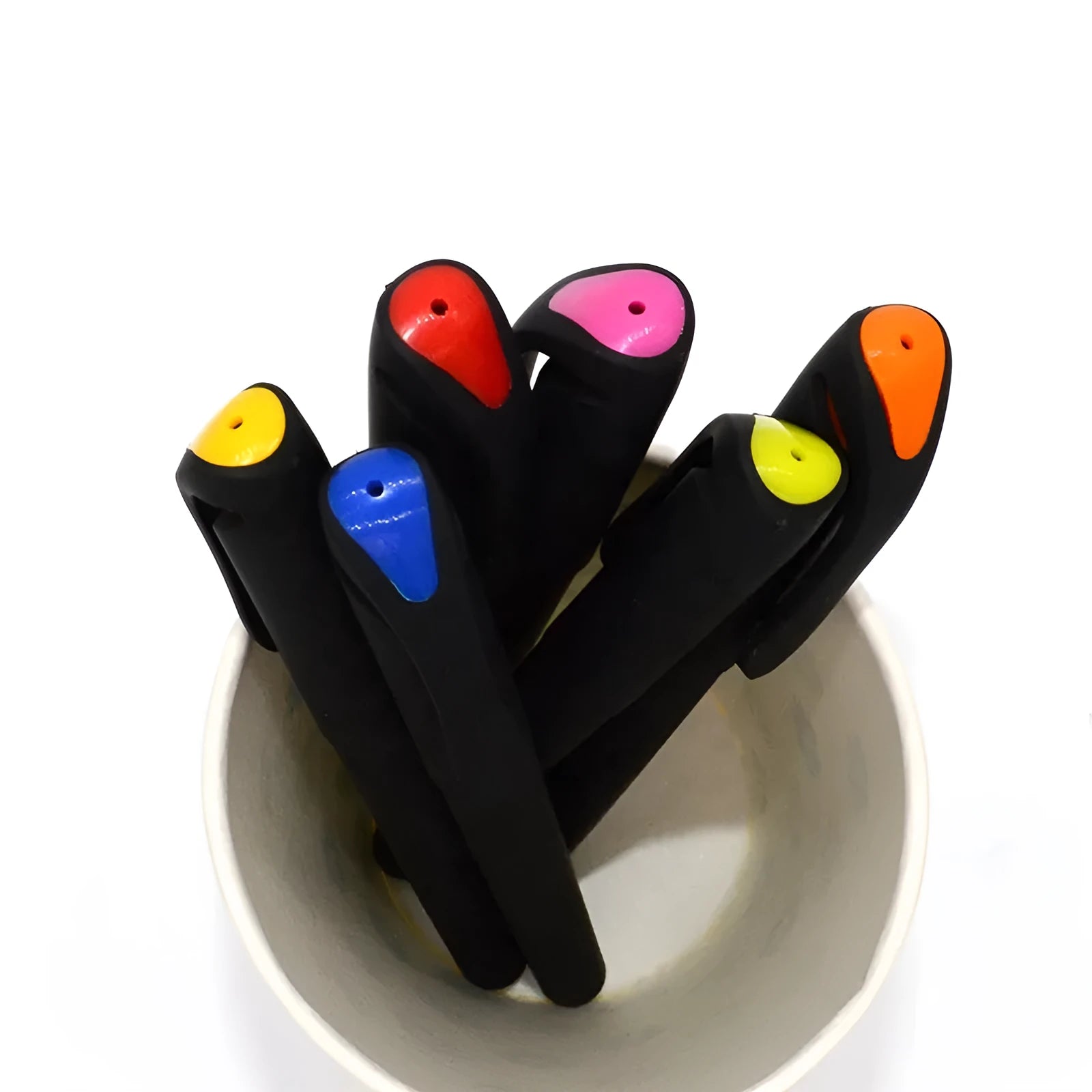 Ten plastic gel pens in various colours showing 14cm length with black ink refills