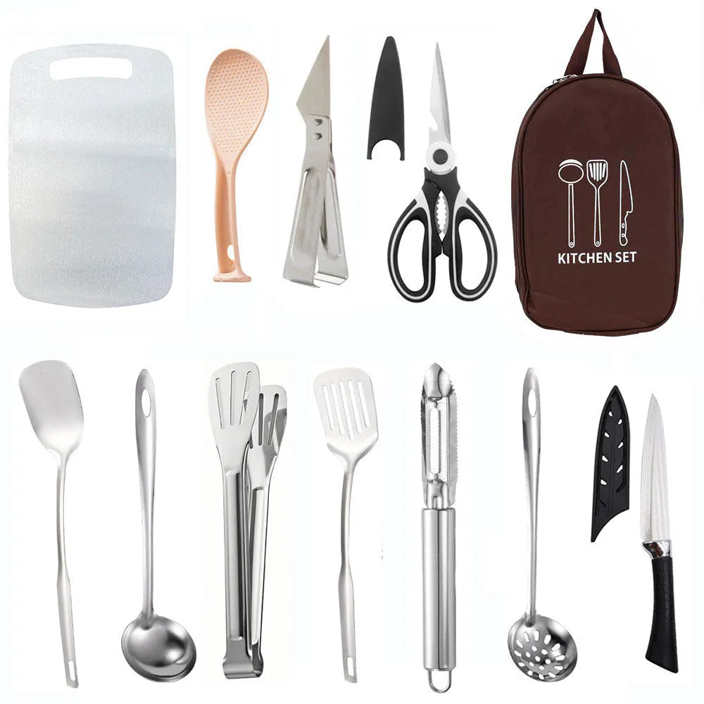 Picnic kitchenware storage bag containing 12-piece stainless steel cutlery set