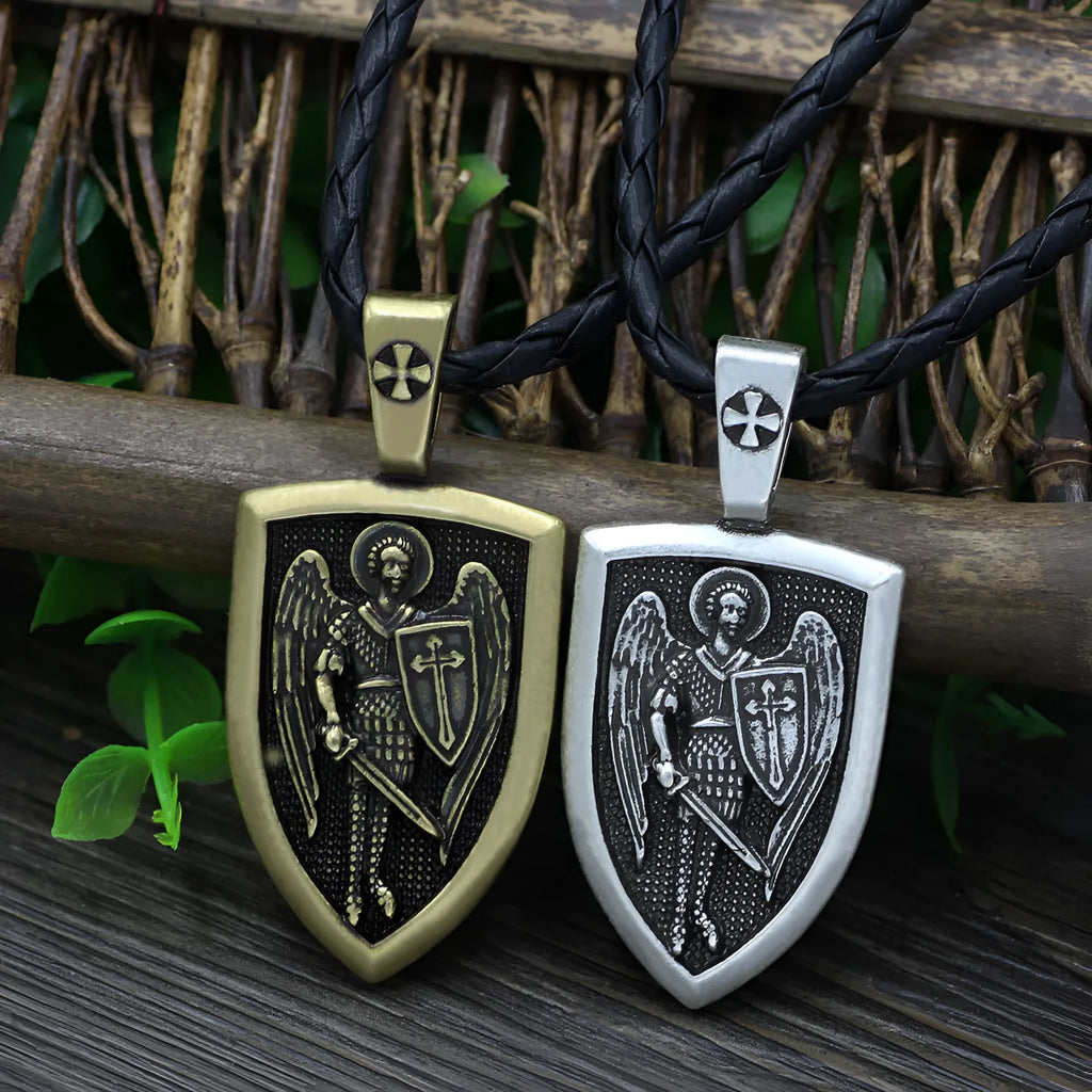 Saint Michael Archangel pendant necklace, alloy rope chain, 51cm to 80cm, ancient silver or ancient bronze
