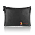 Black fire-proof document bag with a zip closure, shown in small, medium, and large sizes.