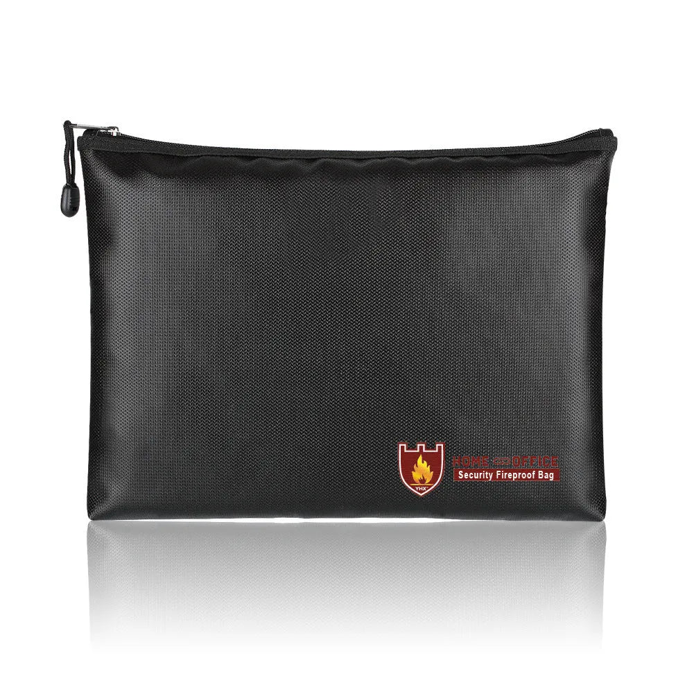 Black fire-proof document bag with a zip closure, shown in small, medium, and large sizes.