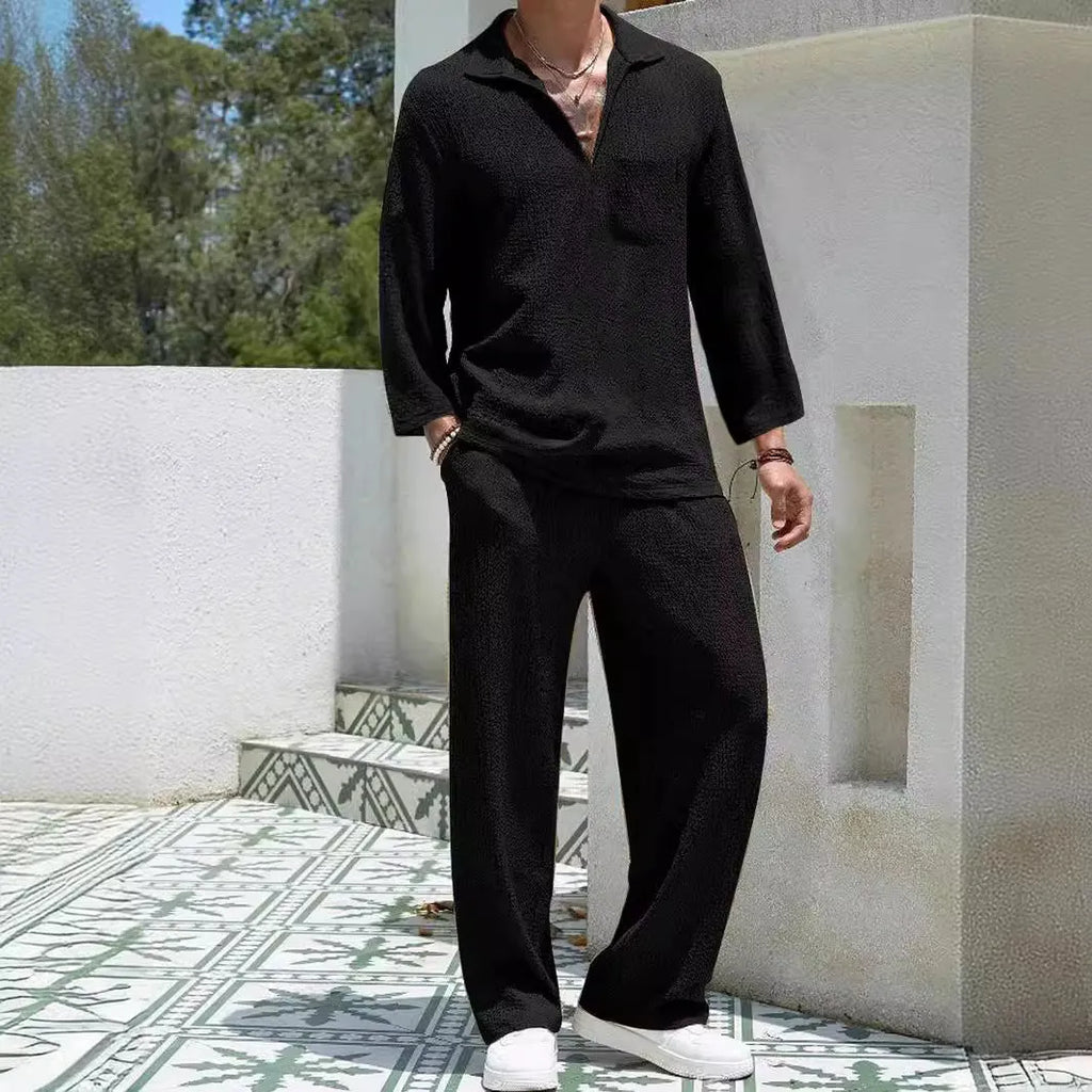 Men's casual shirt trousers suit in polyester, shown in lake blue, with shirt-style jacket and matching trousers.