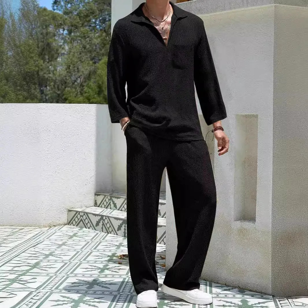 Men's casual shirt trousers suit in polyester, shown in lake blue, with shirt-style jacket and matching trousers.
