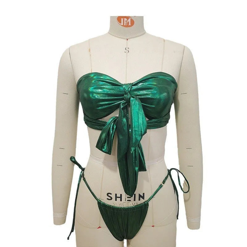 Women's green floral print swimsuit with lace-up front closure and high-leg split brief design