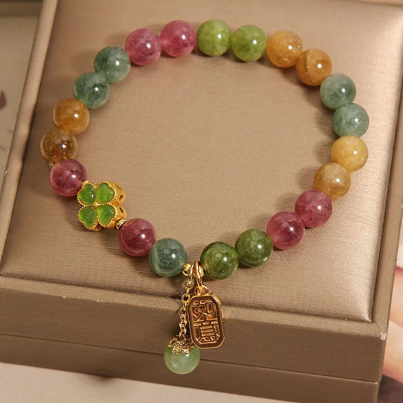Natural tourmaline ruyi pendant bracelet for women with alloy inlay and rhinestone accents on wrist