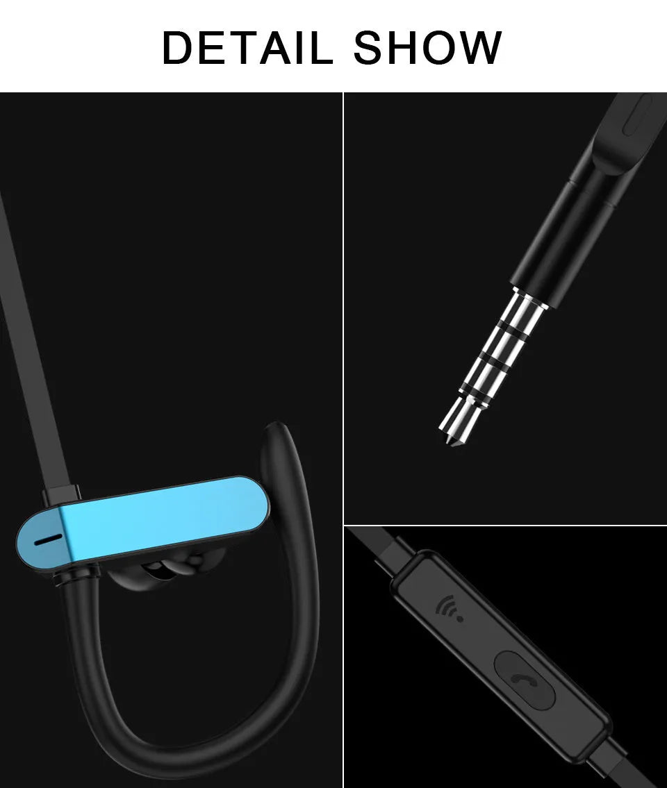 Sports earphones with flexible ear hook and silicone earbuds in black and blue colour, shown next to a mobile phone.