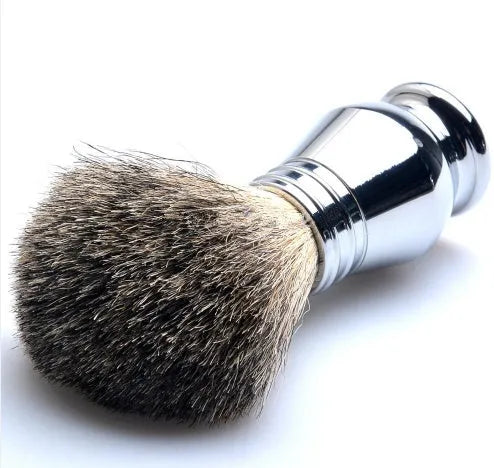 CSB men's double edge safety razor shaving kit with badger hair brush and chrome stand on black box