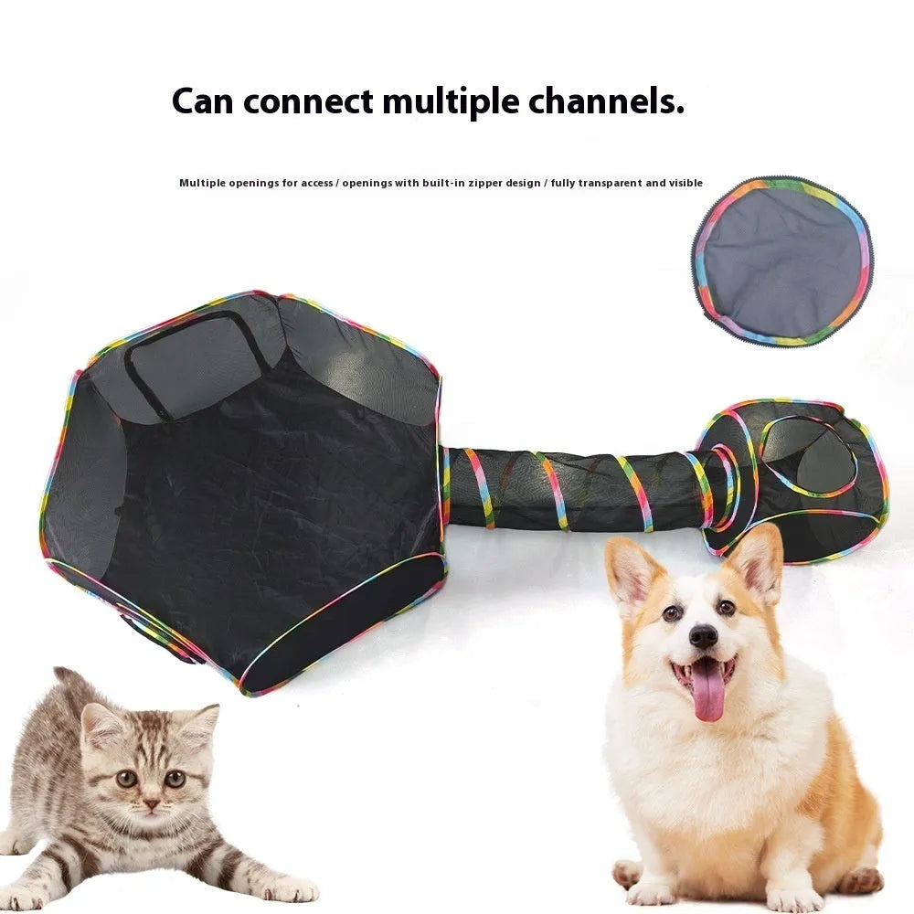 B18319 mesh model foldable cat cage showing five shape variations: square, long straight, tent, tee, and hexagonal