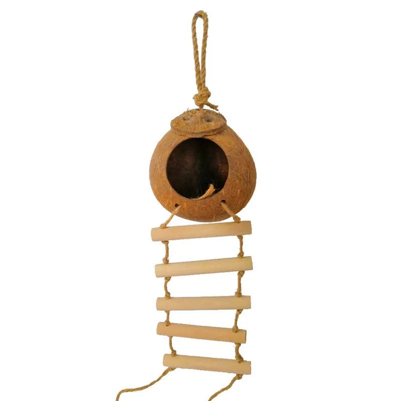 Natural coconut shell bird nest with ladder, scale texture, 11cm diameter, for parrots and hamsters