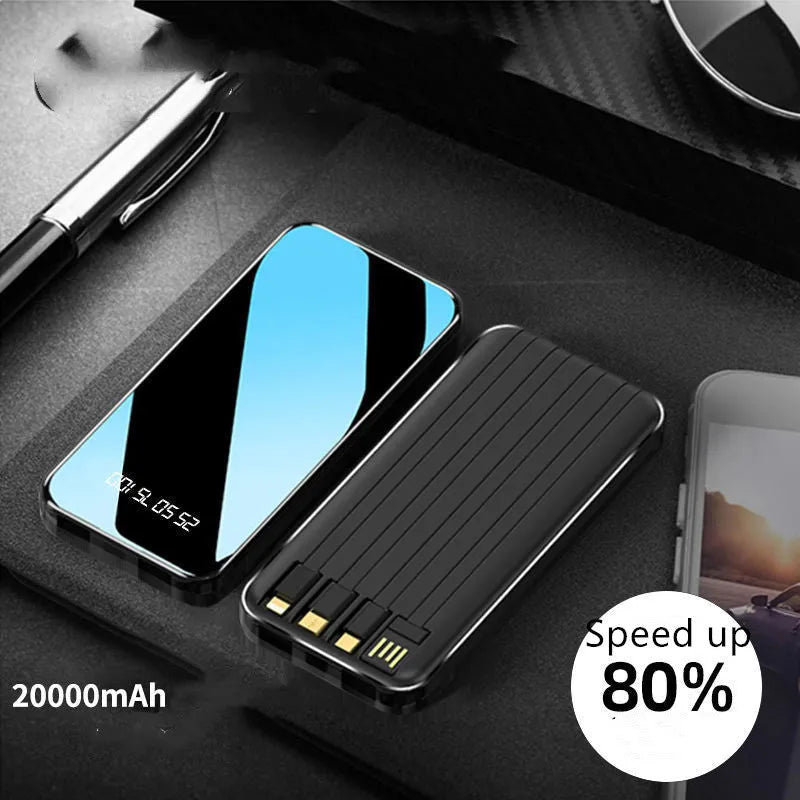 Portable power bank with digital display showing battery percentage, surrounded by USB, Micro USB, Type-C, and Lightning cables.