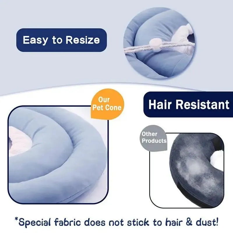 Adjustable waterproof Elizabethan recovery collar for dogs and cats in blue, gray, and pink with size options from S to XXXXL