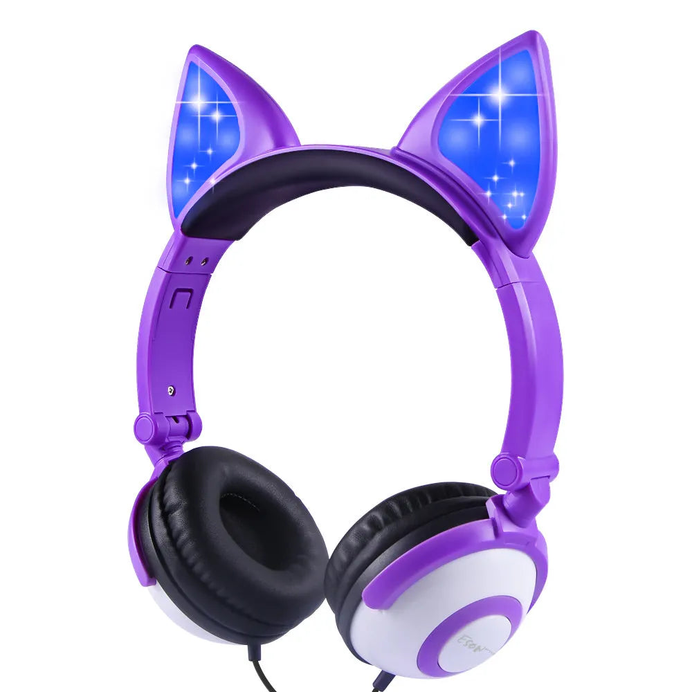 LED flashing cat ear headphones in Peach pink with ABS shell and wired 3.5mm connector