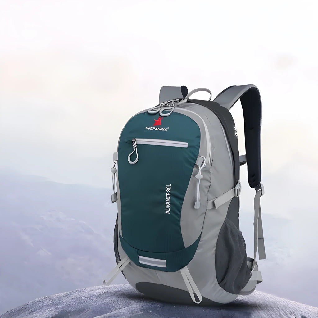 30-litre dark green waterproof nylon outdoor backpack with an airpillow strap system
