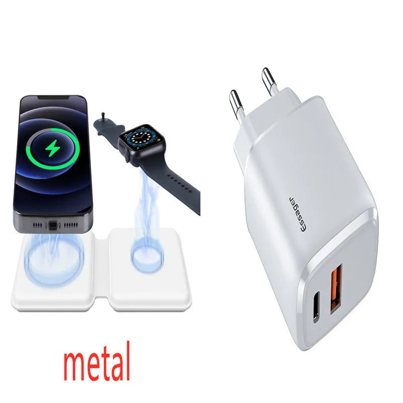 White foldable magnetic wireless charging dock showing dual-device support and adjustable angle.