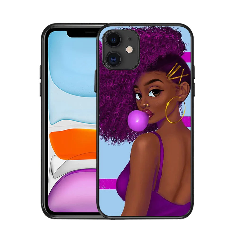 Black girl iPhone case with graffiti pattern, TPU PC back cover, simple style, waterproof and drop-resistant.