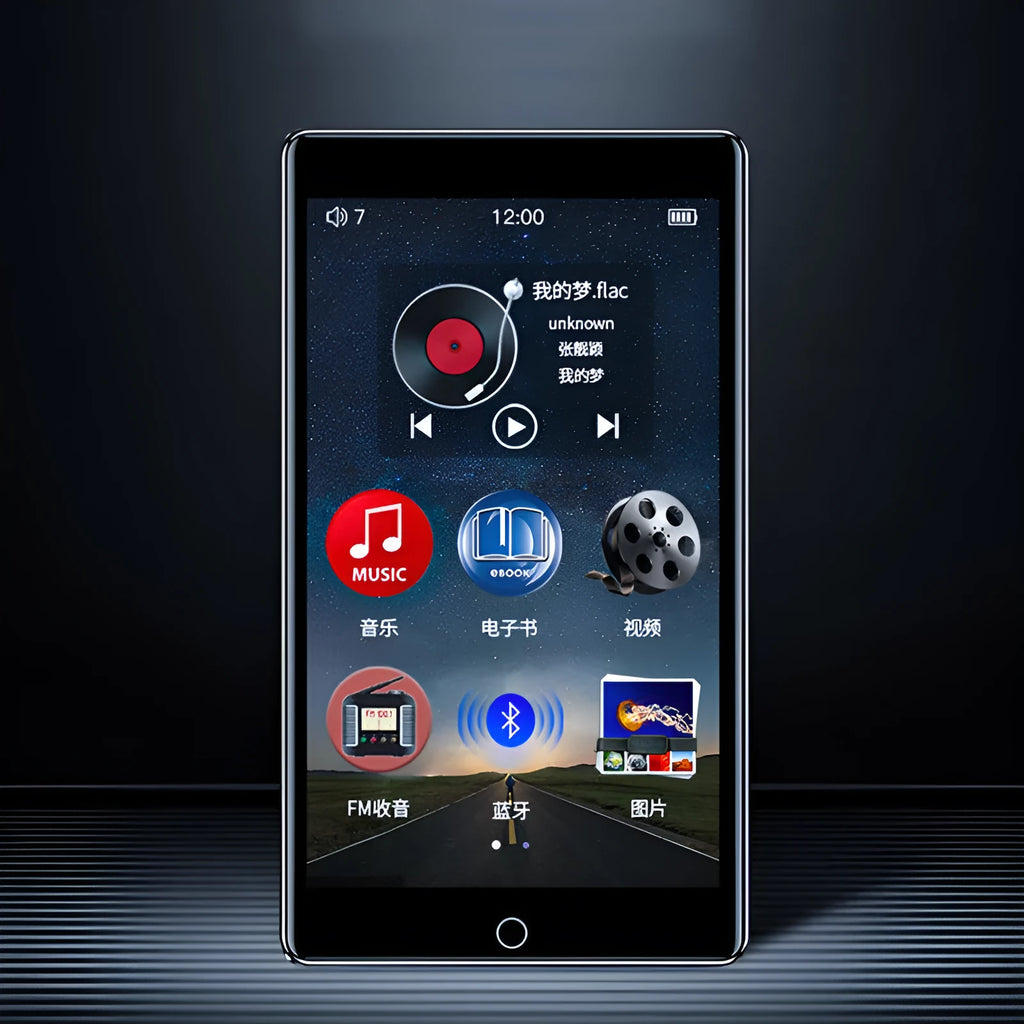 Black Ruizu H1 slim MP4 player with 4-inch touch screen showing media interface