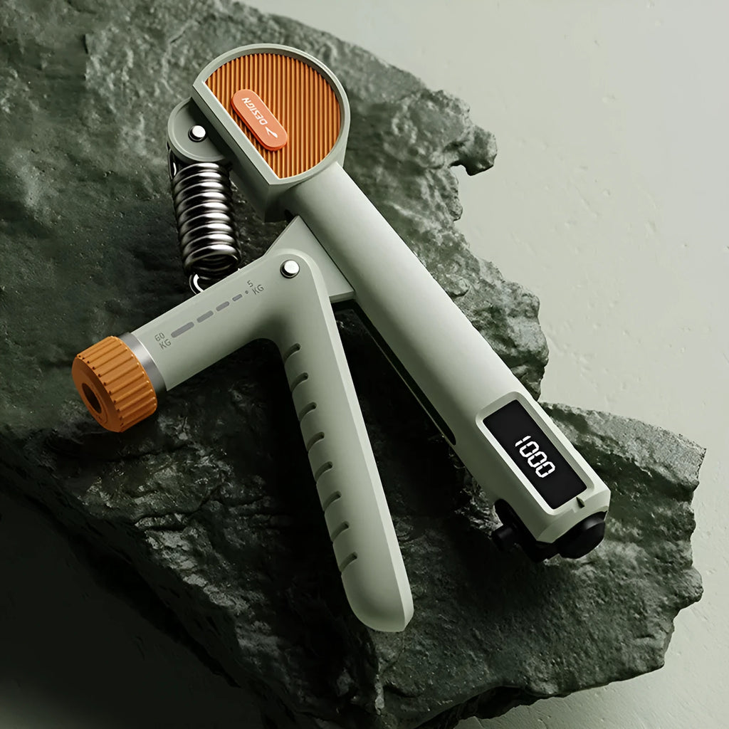 Adjustable hand grip strengthener in ABS plastic, shown in ivory white, dark black, and army green colour options.