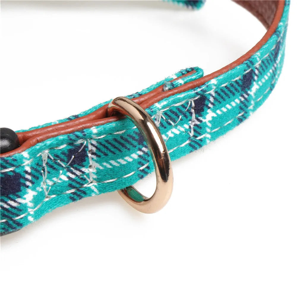 Adjustable bowknot traction dog collar in cotton and PU leather with lattice pattern, sizes S to L