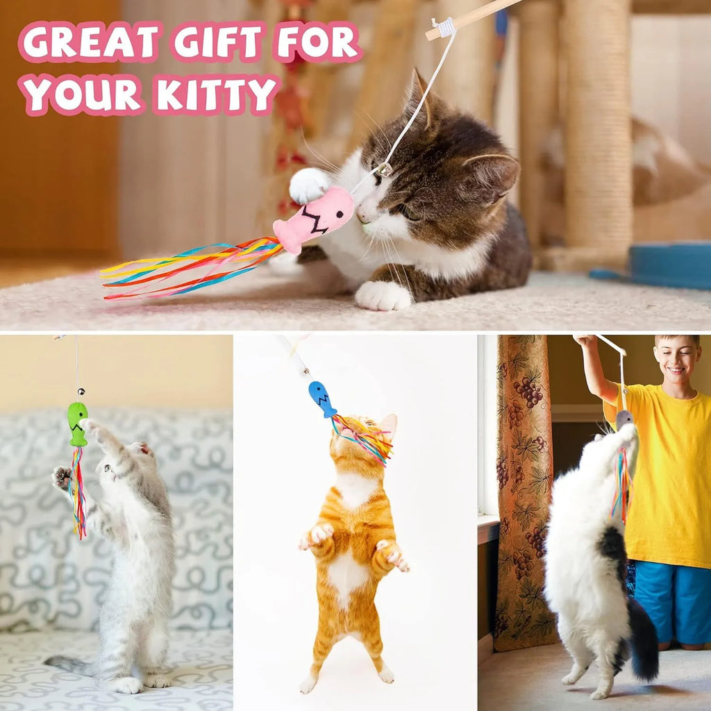 Interactive cat wand toy with colourful ribbons, bell, and catnip fish on a wooden handle.