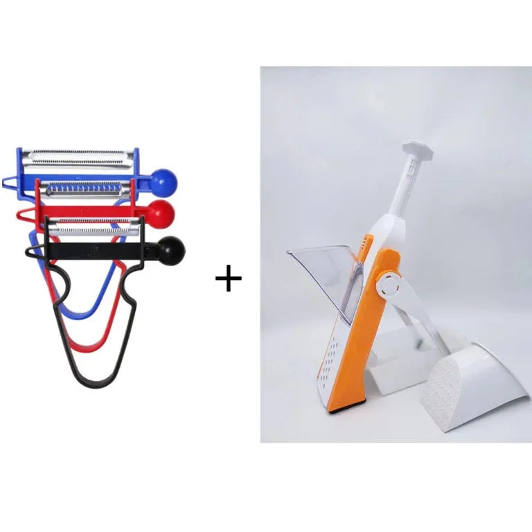 White and blue multifunctional vegetable slicer with stainless steel blades on a kitchen counter.