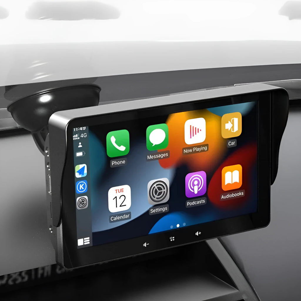 7-inch universal wireless CarPlay display for cars with suction cup mount and cigarette lighter cable.