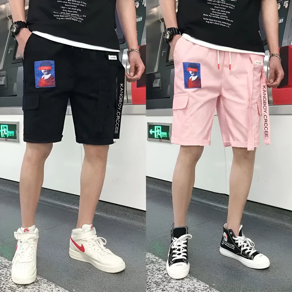 Men hip hop casual loose fit cotton shorts with letter print in black colour
