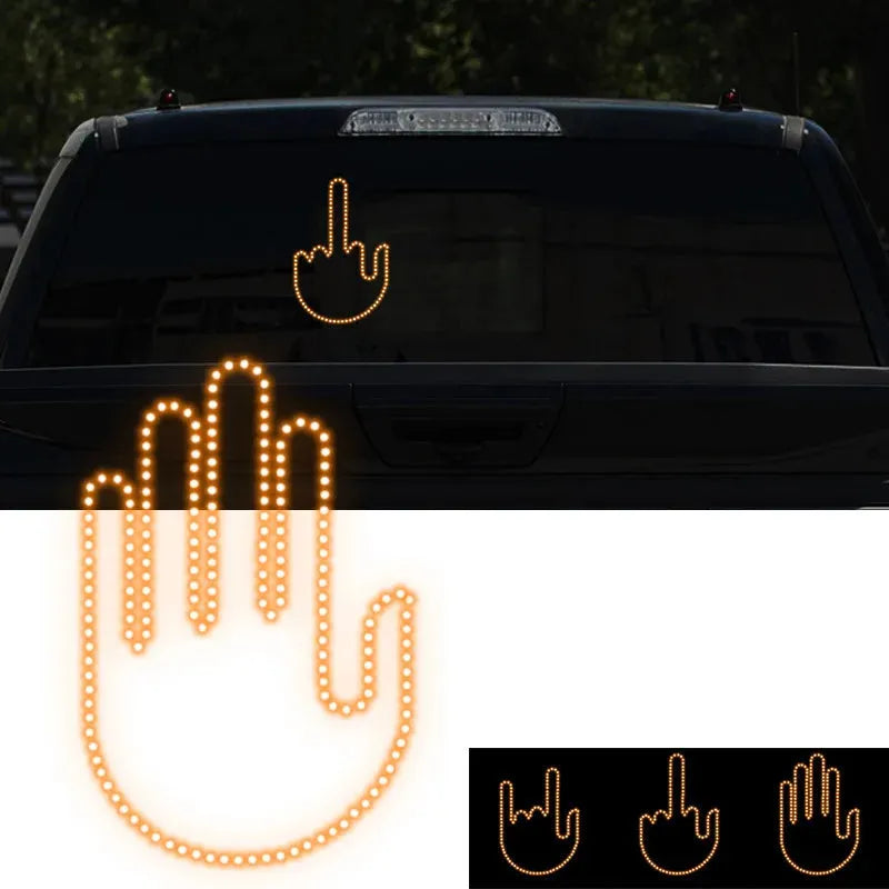 Black plastic LED gesture car light with remote control showing middle finger and other road communication symbols