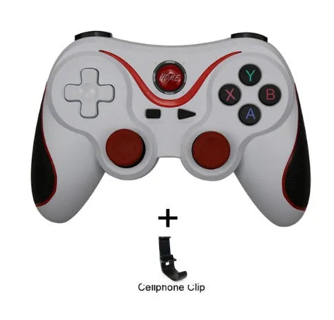 Upgraded X3 Bluetooth wireless game controller for Android phones in black or white, shown with a mobile phone clip accessory.