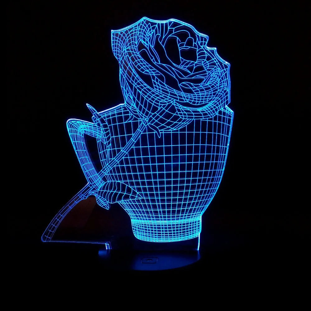 3D rose flower design night light showing colour-changing LEDs on acrylic panel with black ABS base.