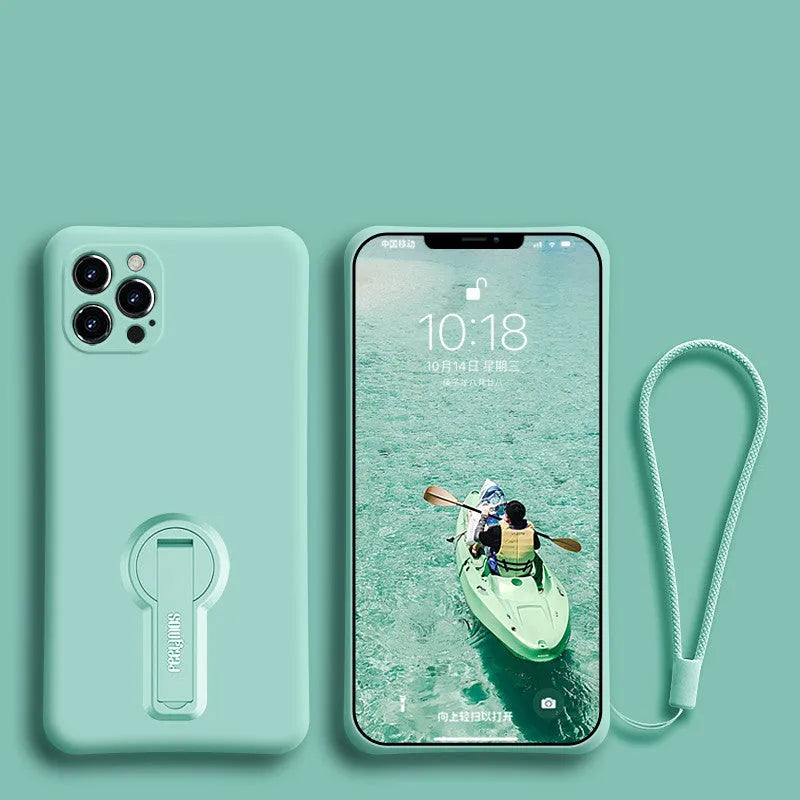 Liquid silicone anti-drop phone case for Apple iPhone 12 series, raised screen and camera protection, rotating bracket, lanyard, black colour