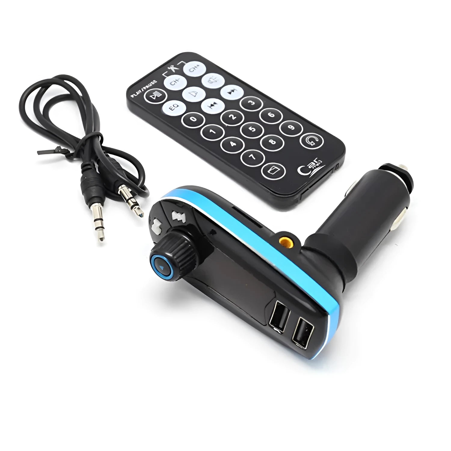 BT618C black vehicle Bluetooth MP3 player and FM transmitter with LCD screen, shown plugged into a car power socket.