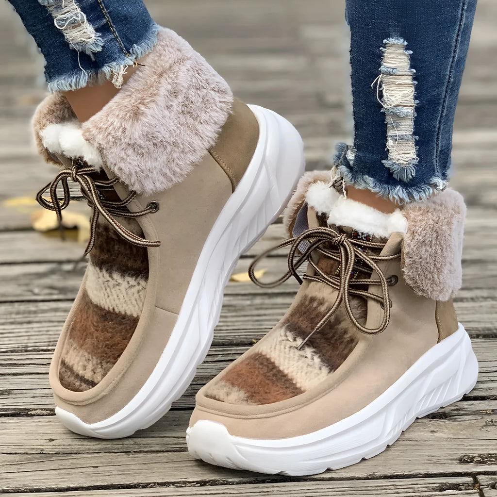 Women's beige lace-up snow boots with platform sole and thermal plush lining