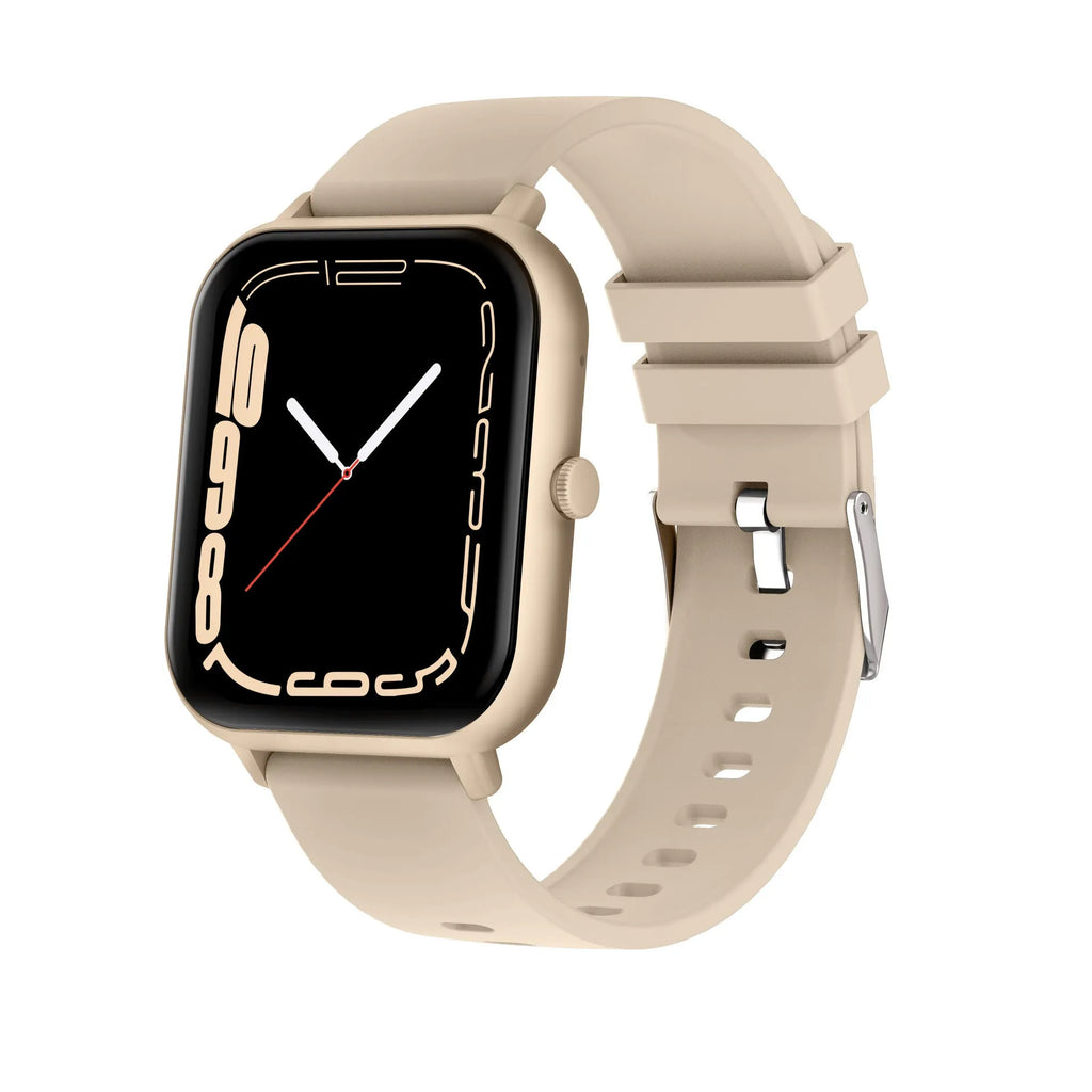 Black smart watch with touch button and TFT screen on a wrist, showing heart rate monitoring display.