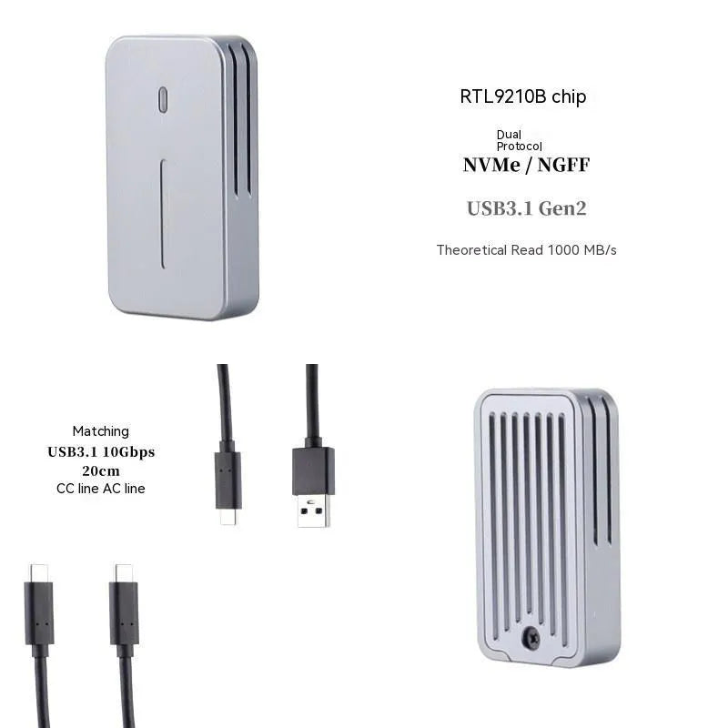 Aluminium M.2 NVMe SSD enclosure with USB-C cable, showing compact metal construction.