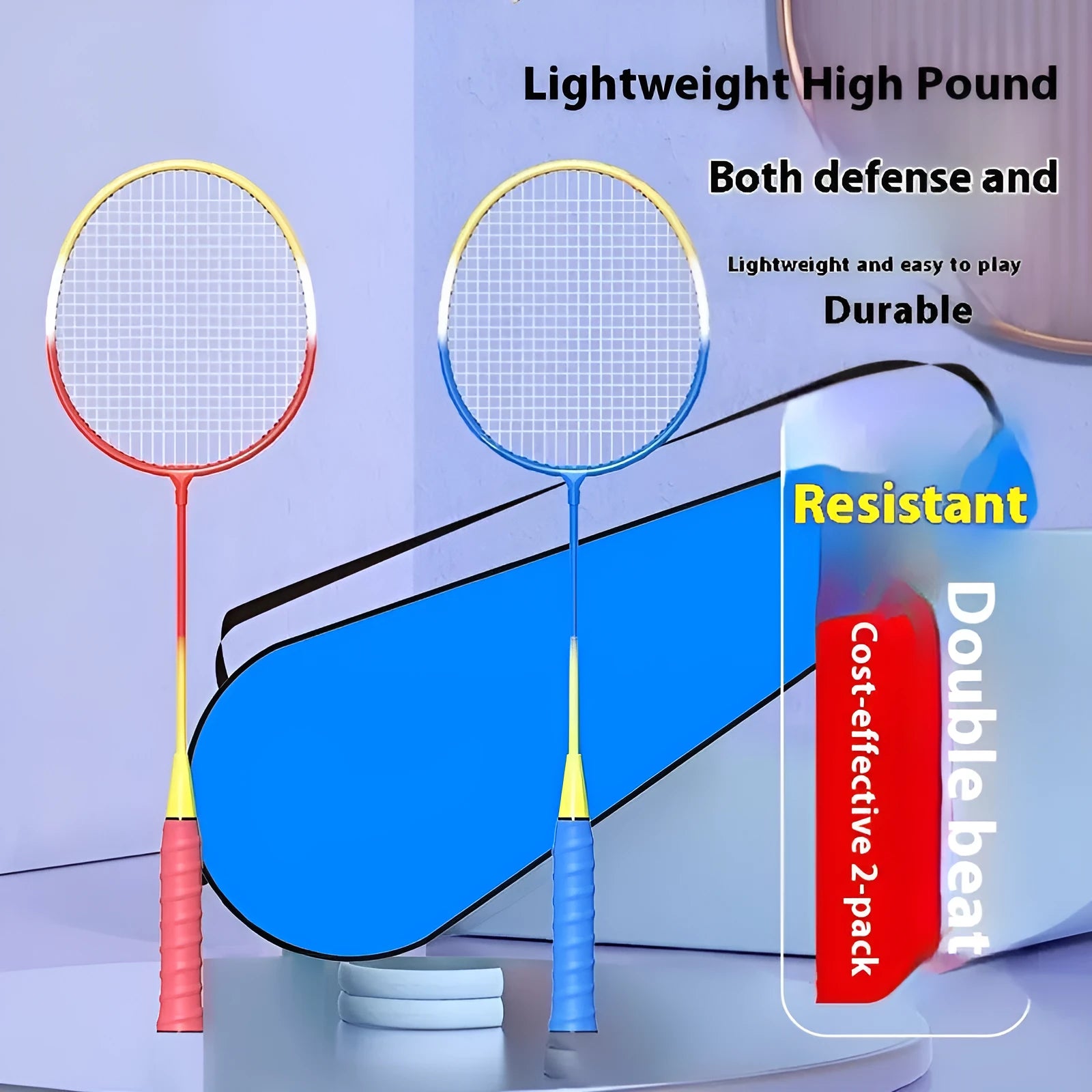 A pair of blue and red ultra-light alloy badminton rackets with split-shaft design.
