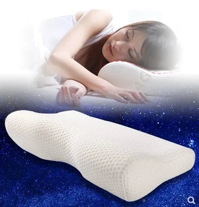 Blue butterfly-shaped cervical memory foam pillow showing contour design for neck support