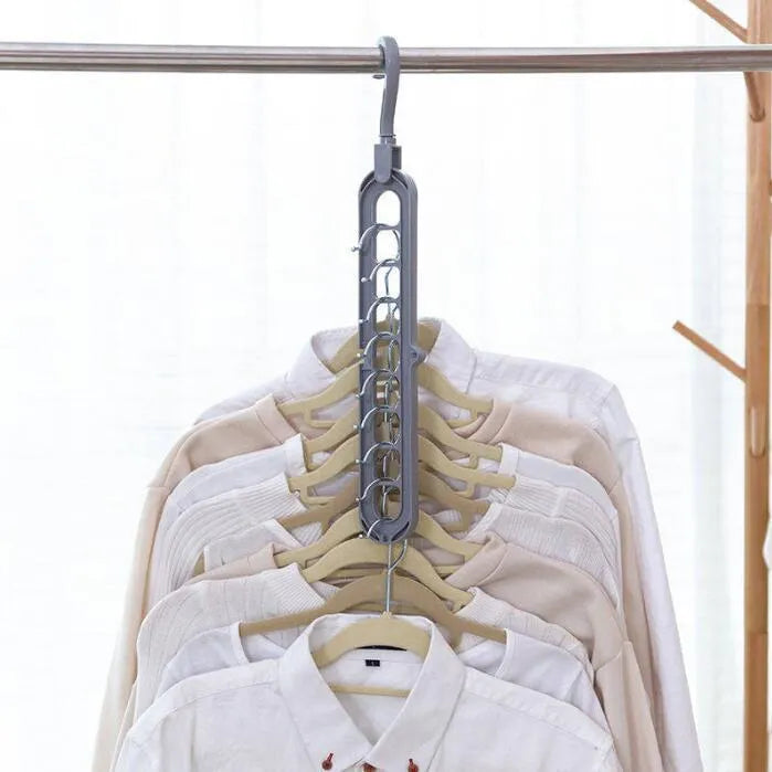 Plastic clothes hanger organiser with rotating hook in various colour options on white background