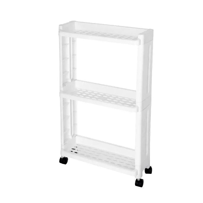 Plastic kitchen storage rack with wheels, multi-layer, narrow gap design, white colour