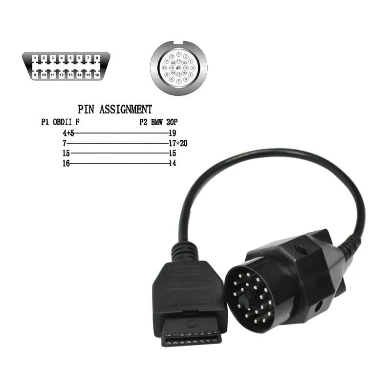 OBD2 diagnostic adapter cable with BMW 20-pin male connector and standard 16-pin female OBD2 socket
